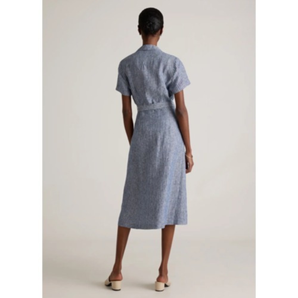 Quince Dress Womens Small Blue Striped Linen Button Collared Belted Midi Shirt - Picture 3 of 10